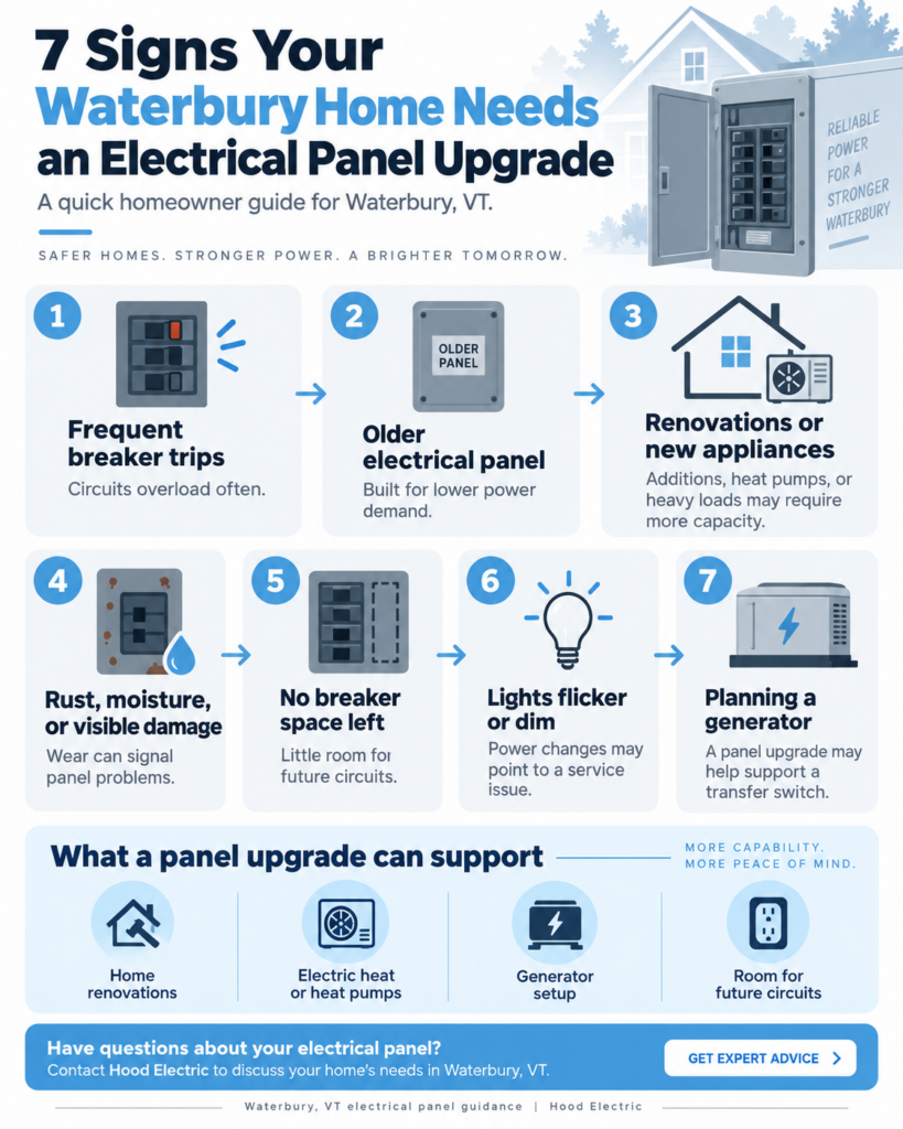7 Signs Your Waterbury Home Needs an Electrical Panel Upgrade infographic | Hood Electric in Waterbury, VT